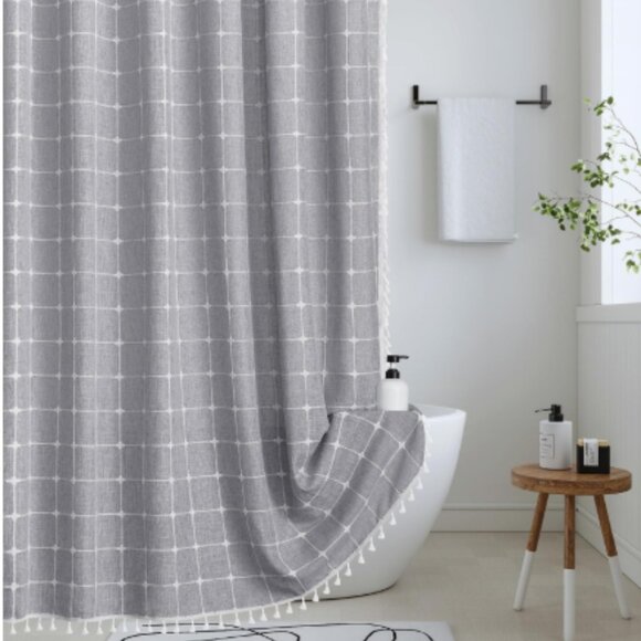 Farmhouse Shower Curtain 72 x 71.5 Gray Linen Boho Large White Check Fringe NEW - Picture 2 of 14